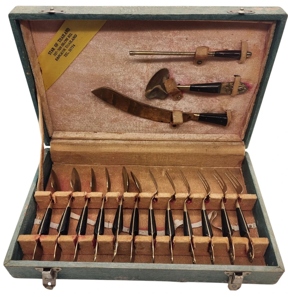 Vintage SIAM Bangkok Thailand 14 pcs Bronze Brass Silverware Utensil Desert Set